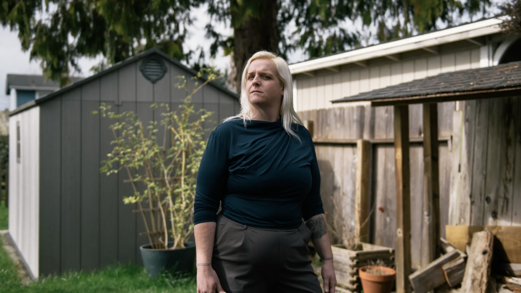 Anna Nusslock at her home in Eureka on Feb. 14, 2025. Providence St. Joseph Hospital refused Nusslock an emergency abortion after she had a miscarriage at 15 weeks pregnant, despite serious risks to her health. Photo by Alexandra Hootnick for CalMatters