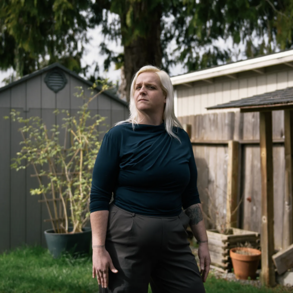 Anna Nusslock at her home in Eureka on Feb. 14, 2025. Providence St. Joseph Hospital refused Nusslock an emergency abortion after she had a miscarriage at 15 weeks pregnant, despite serious risks to her health. Photo by Alexandra Hootnick for CalMatters